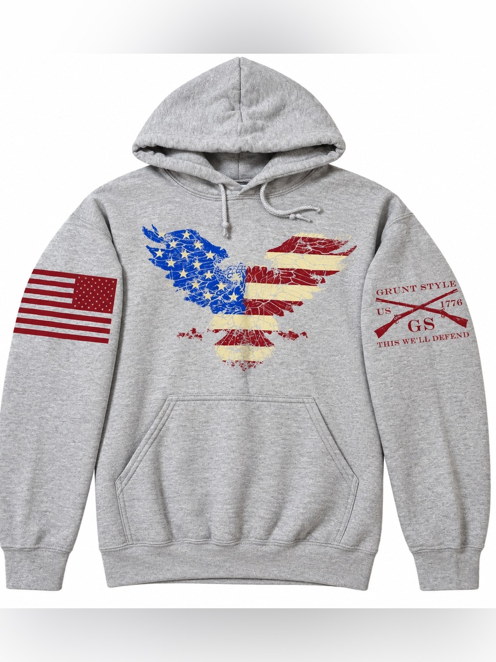 Grunt Style Gray Hoodie with Distressed USA Eagle Graphic